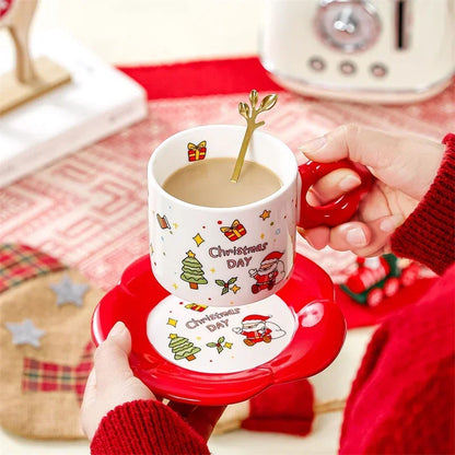 Ceramic Cup Saucer Set with Spoon Christmas Themed Coffee Cup, Perfect for Gift & Present