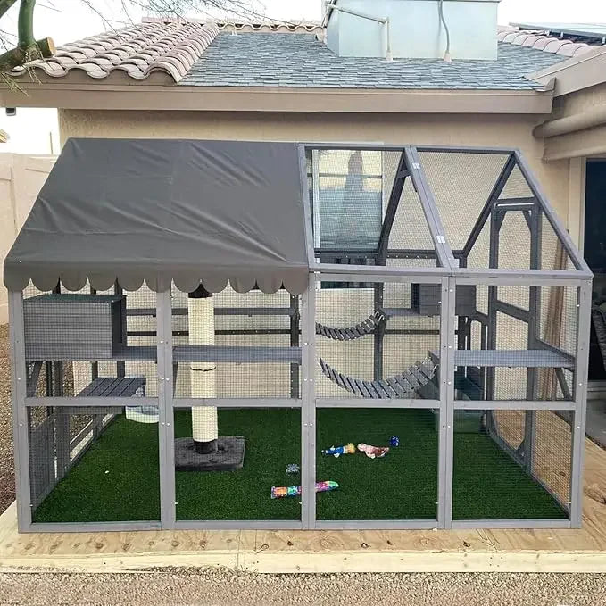 Outdoor Cat House Catio Wooden Kitty Enclosure with Extra Large Entry Door
