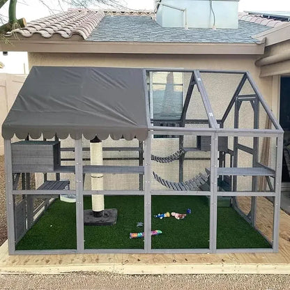 Outdoor Cat House Catio Wooden Kitty Enclosure with Extra Large Entry Door