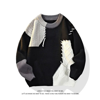 2025 Fall Winter Warm Men Sweaters, Korean Style with Patchwork Pullovers Round Neck Knitted Sweater