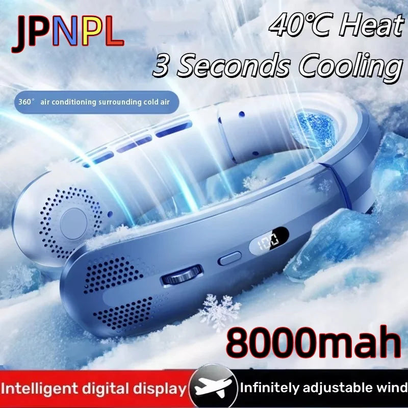 8000mAh Electric Hanging Neck Fan Portable Bladeless Mini Rechargeable with LED Digital Display Air Cooler For Outdoor