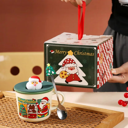 Festive Christmas Themed Ceramic Coffee Mug with Lid & Spoon Holiday Gift Box