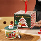 Festive Christmas Themed Ceramic Coffee Mug with Lid & Spoon Holiday Gift Box