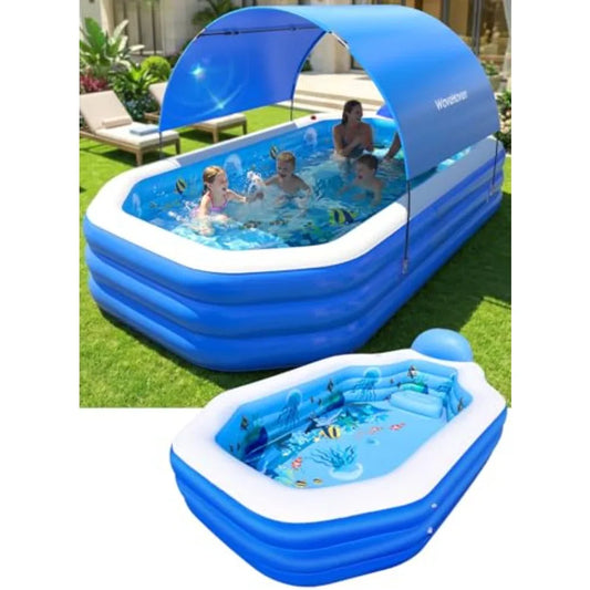 Backyard inflatable pool for kids and adults, PVC blue ocean-themed, oversized thickened 118x75x22, includes canopy for Sun shade protection