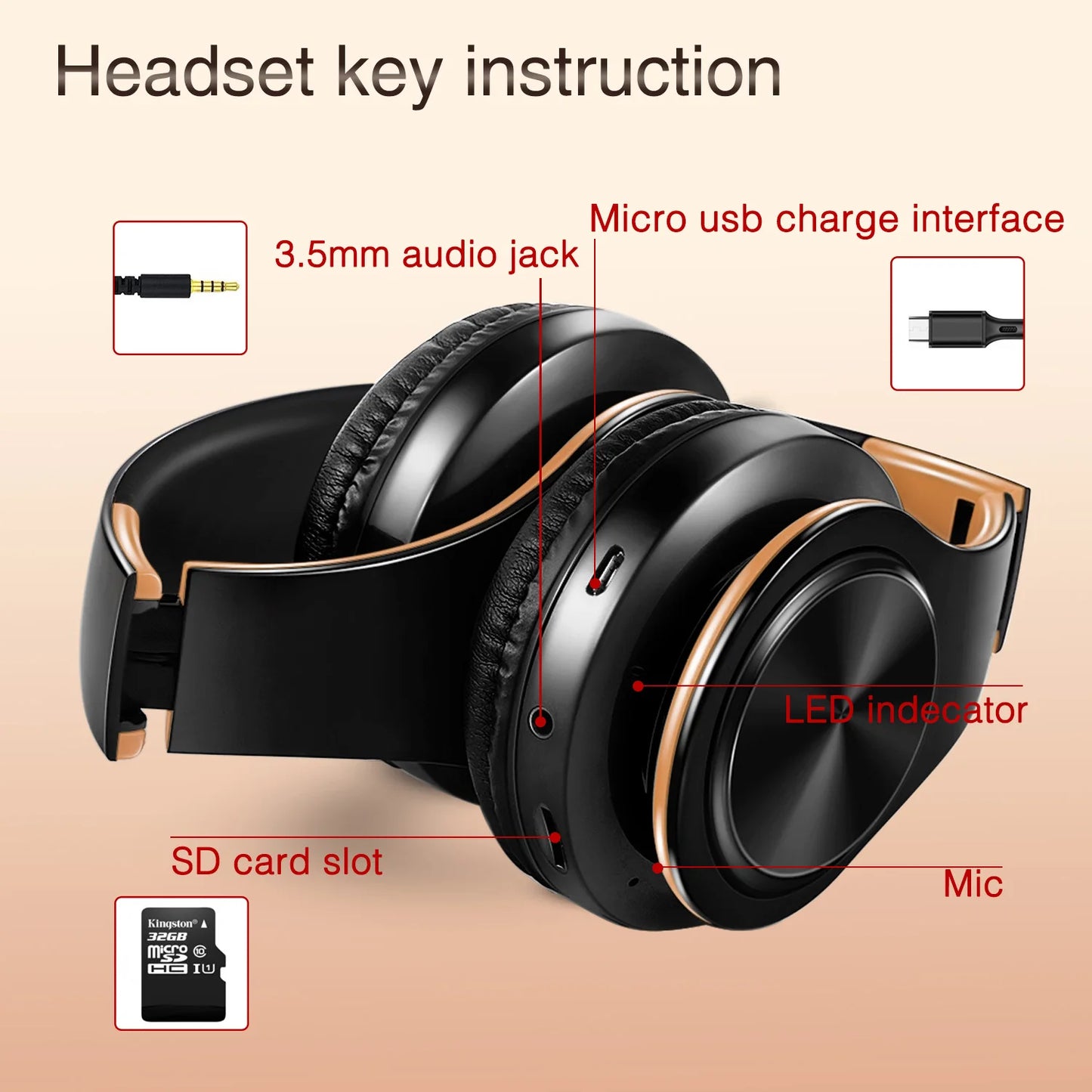 Black &Gold Wireless Headphones.  Stereo Headset for Gaming with Built-in MIC. Universal for Android and iOS