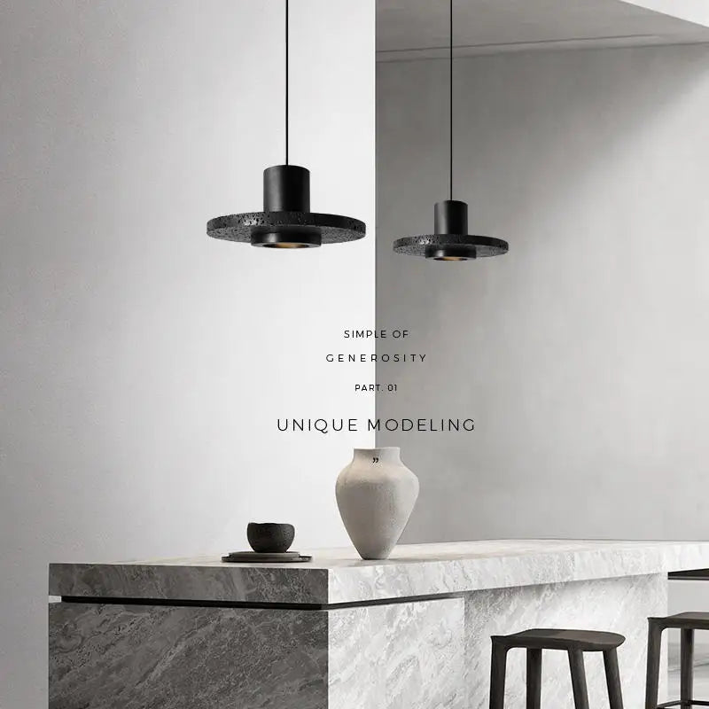 Modern minimalist bedside chandelier. Black hole stone bedroom long-line pendant lamp