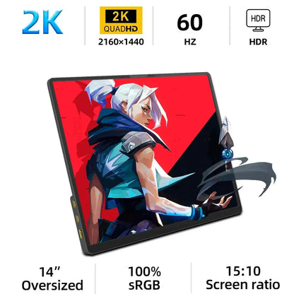 ZSUS 2160*1440  14-inch 2K Portable Monitor 60HZ For Laptop, XBox, PS4/5, Switch, TV Box, Cell Phone & PC