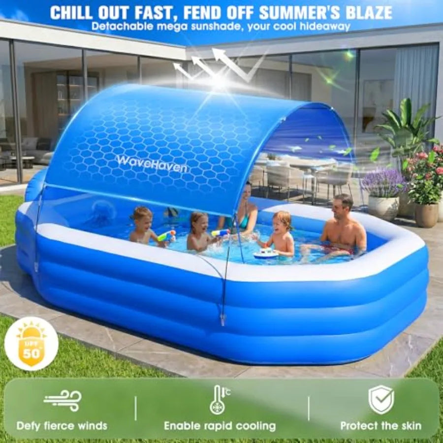 Backyard inflatable pool for kids and adults, PVC blue ocean-themed, oversized thickened 118x75x22, includes canopy for Sun shade protection