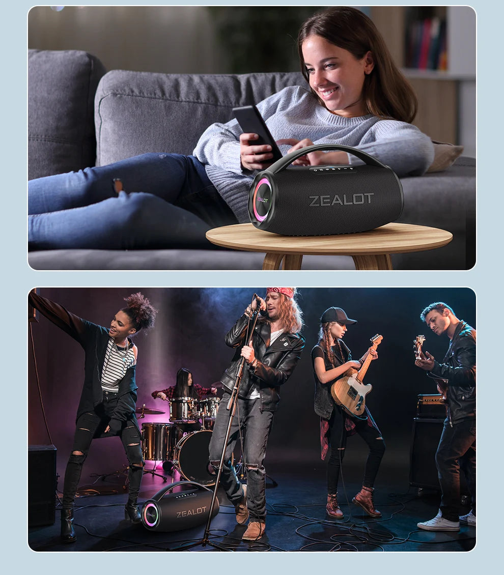Zealot-S97 80W Portable bluetooth speaker with RGB colorful light, waterproof wireless subwoofer 360 stereo surround TWS FM