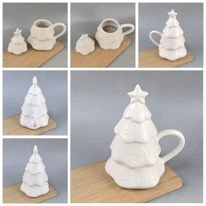 Creative DIY Christmas Tree Ceramic Cup Pure White Color it Yourself with Lid Mug Cup Couple Christmas Universal Coffee Cup