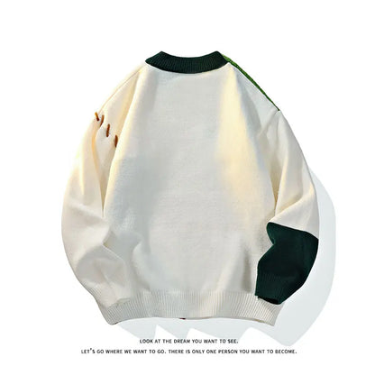 2025 Fall Winter Warm Men Sweaters, Korean Style with Patchwork Pullovers Round Neck Knitted Sweater