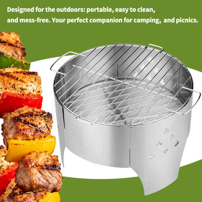 Stainless Steel Barbecue Grill, Outdoor Foldable Grill for Camping. Quick-install Wood Stove Fire Pit for Trekking, Heating & Cooking