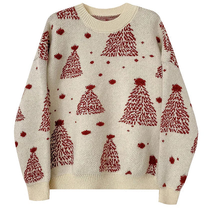 Women's Christmas Red Pullover Sweater Round Neck. Knit Casual Lazy Style New Year Top Contrast. Christmas Tree Autumn Winter 2025