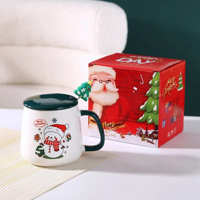 Christmas Themed Santa Reindeer Ceramic Coffee Mug with Lid and Spoon Perfect Holiday Gift