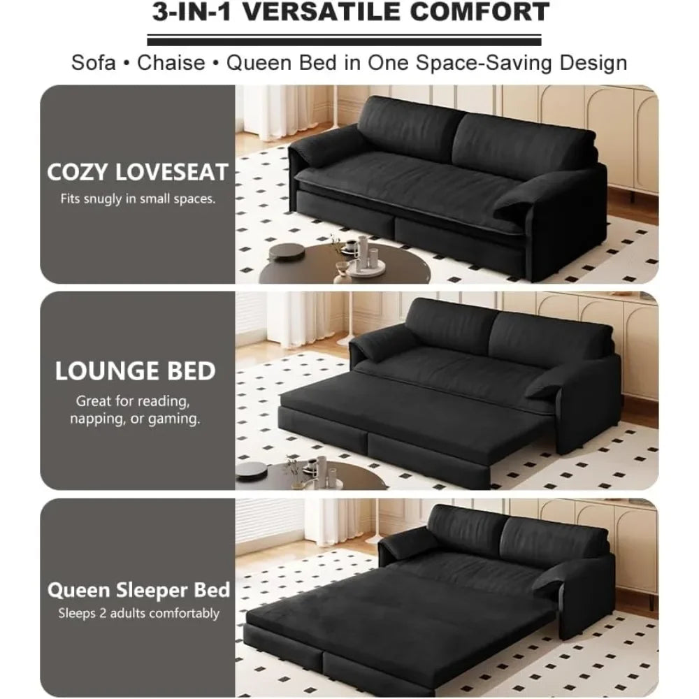 63.8" Futon Sofa Bed Queen Size, Pull Out Bed, 3-in-1 Convertible Sleeper Sofa with Side Pocket, Modern Velvet Futon Couch
