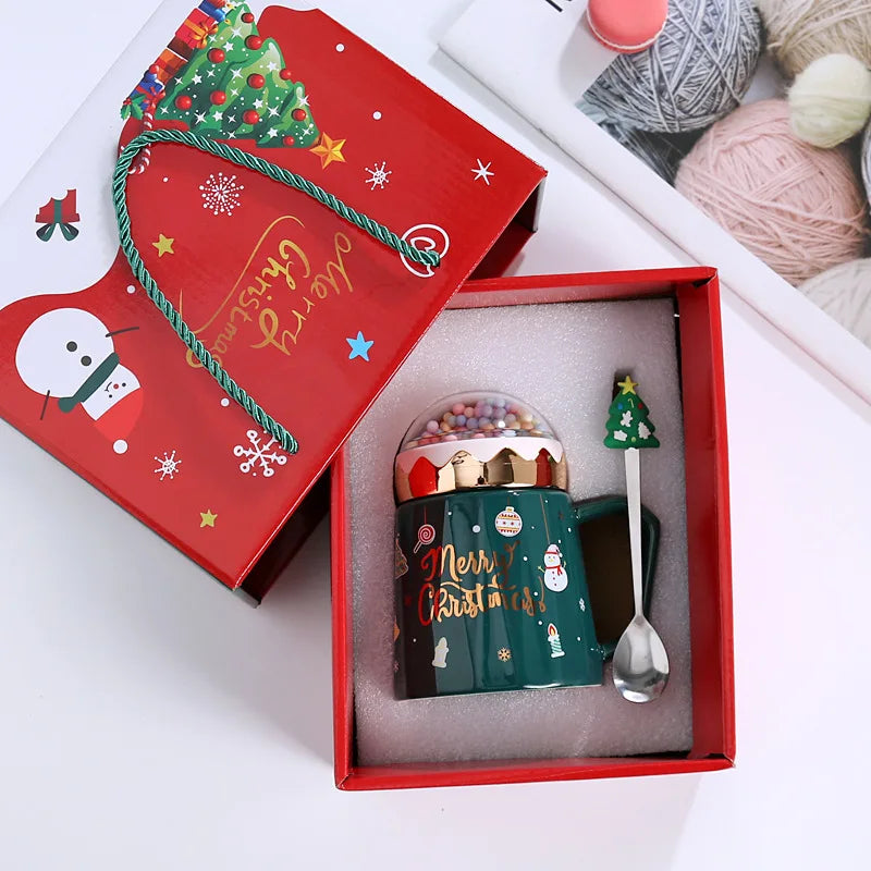 Christmas Mugs with lid and Santa Claus spoon Ceramic Cup for Home or Office.