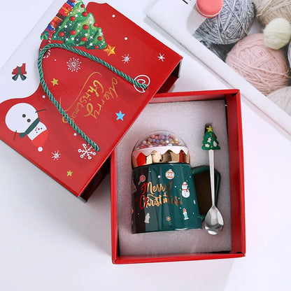 Christmas Mugs with lid and Santa Claus spoon Ceramic Cup for Home or Office.
