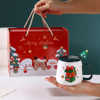 Christmas Themed Santa Reindeer Ceramic Coffee Mug with Lid and Spoon Perfect Holiday Gift