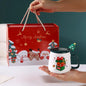 Christmas Themed Santa Reindeer Ceramic Coffee Mug with Lid and Spoon Perfect Holiday Gift
