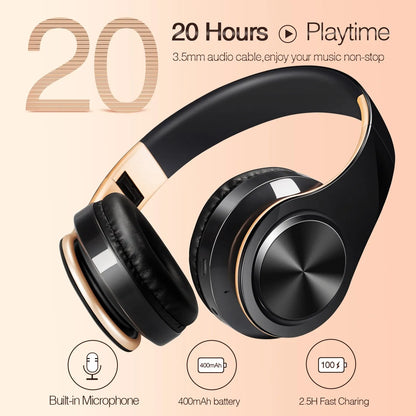 Black &Gold Wireless Headphones.  Stereo Headset for Gaming with Built-in MIC. Universal for Android and iOS