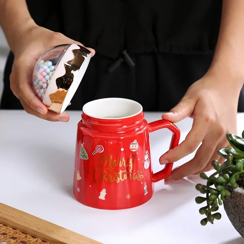 Christmas Mugs with lid and Santa Claus spoon Ceramic Cup for Home or Office.