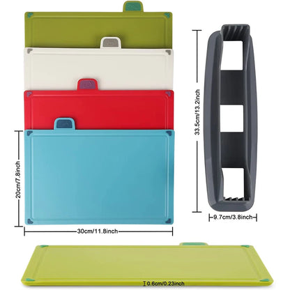 4Pcs Color-Coded Plastic Cutting Board Set with Storage Stand & Slip-Resistant Design