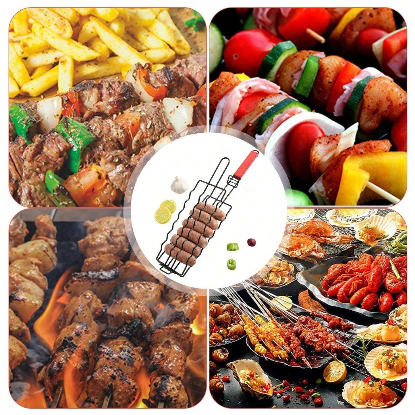 New Removable Hot Dog Grill With Wooden Handle. Sausage Grill Cage Portable Outdoor BBQ Rack