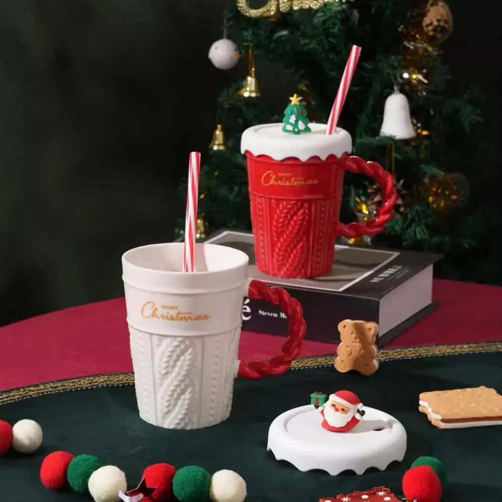 Christmas Themed Ceramic Mug Set with Lid & Straw for Coffee Lover
