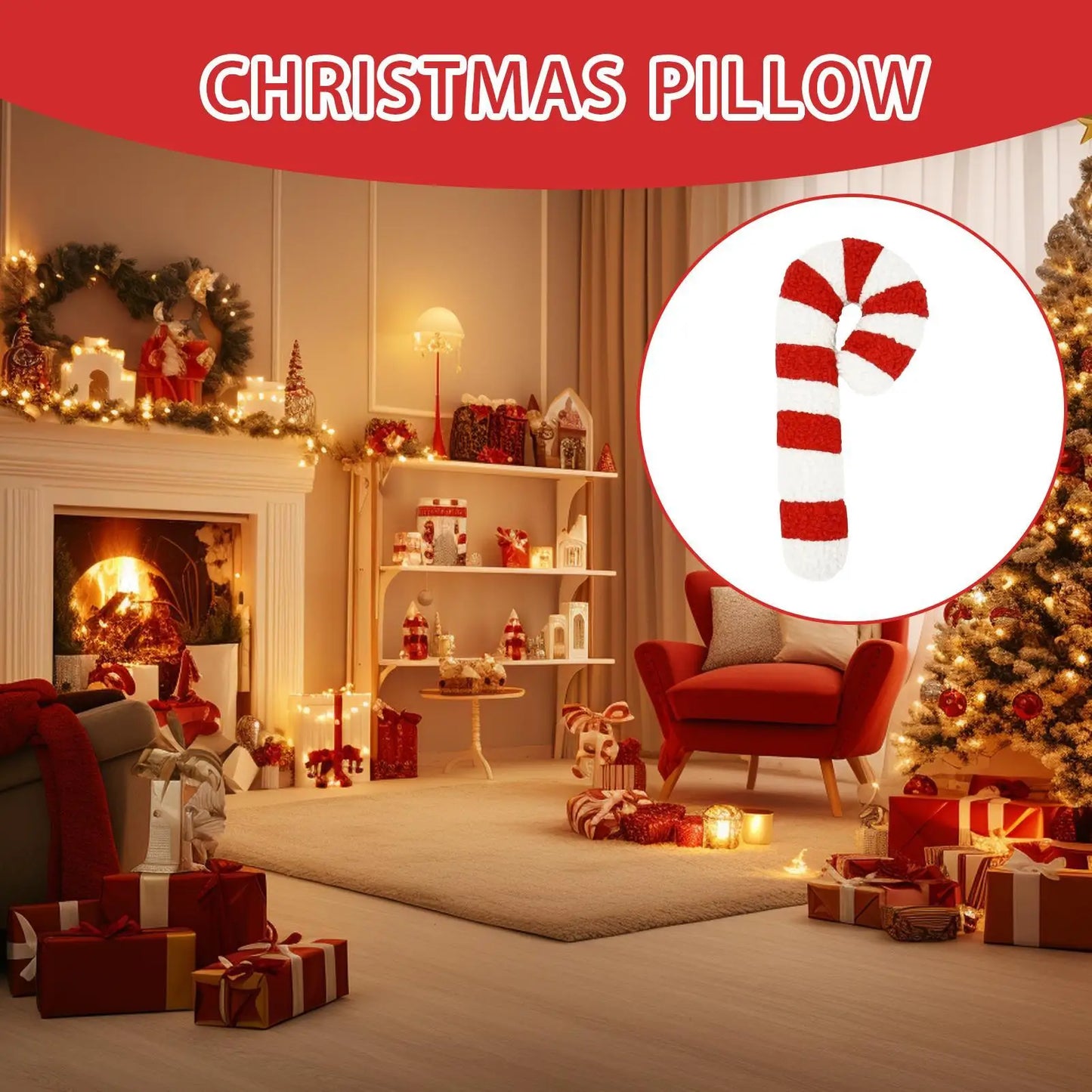 Candy Cane Throw Pillow Sofa, Plush Cushion Christmas Decor for Sofa Bed
