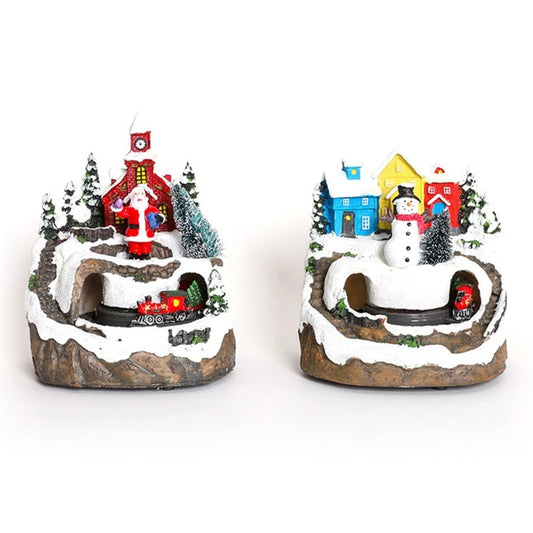 For Creative LED Lights Christmas Small Train Village House Luminous Landscape Snow Figurines