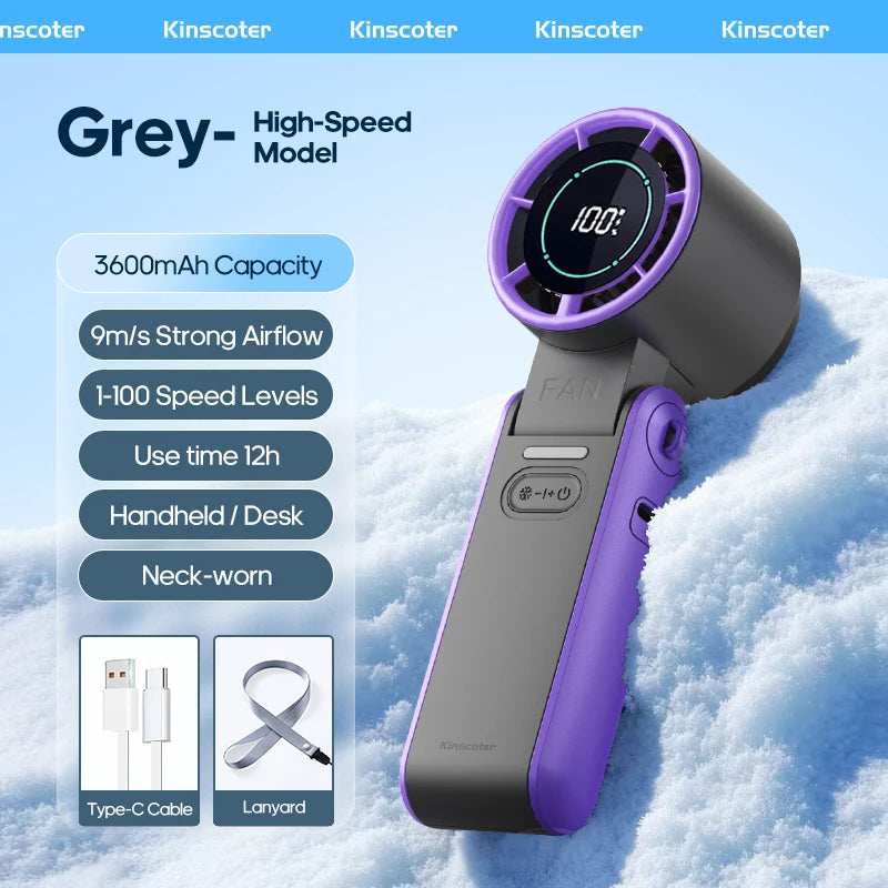 KINSCOTER Outdoor Foldable Portable Handheld Mini Cooling Fan. Rechargeable 3600mAh 100-level Free Control High Speed Turbo Fan