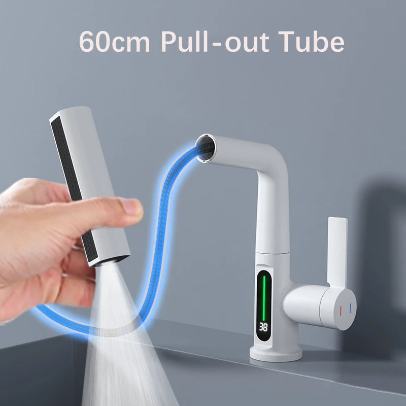 Waterfall Pull Out Kitchen Faucet, Intelligent Digital Display Cold & Hot Mixer