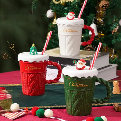 Christmas Themed Ceramic Mug Set with Lid & Straw for Coffee Lover