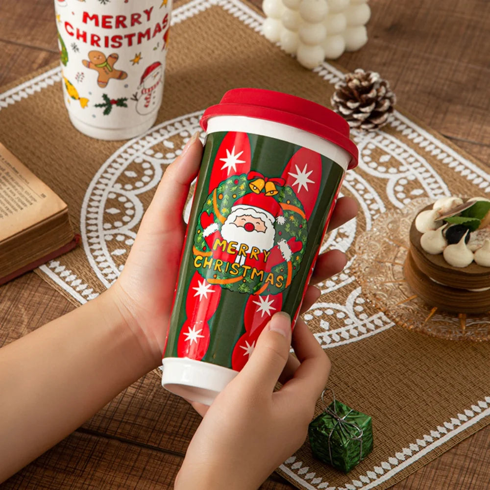 Christmas Ceramic Mug, Coffee Cup with Silicone Lid and Gift Box, Latte Mug, Here Comes Santa Claus Gifts