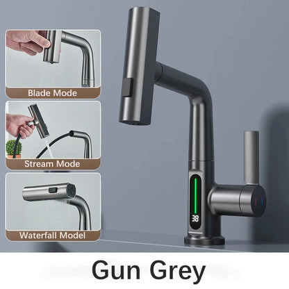 Waterfall Pull Out Kitchen Faucet, Intelligent Digital Display Cold & Hot Mixer