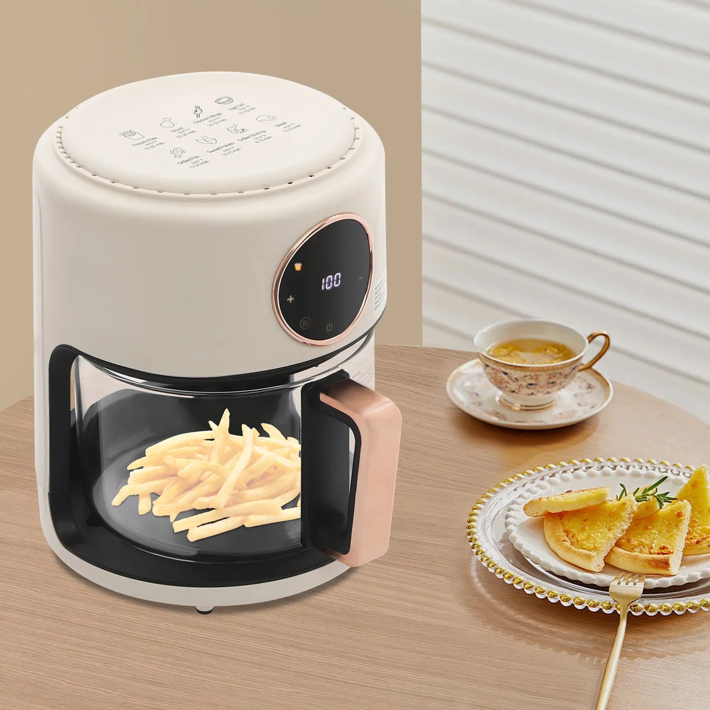6-in-1 Functions Airy Fryer, 4.2L 1200W Glass Air Fryer, 360° Viewable, Digital Display, Adjustable Temp 80~200℃