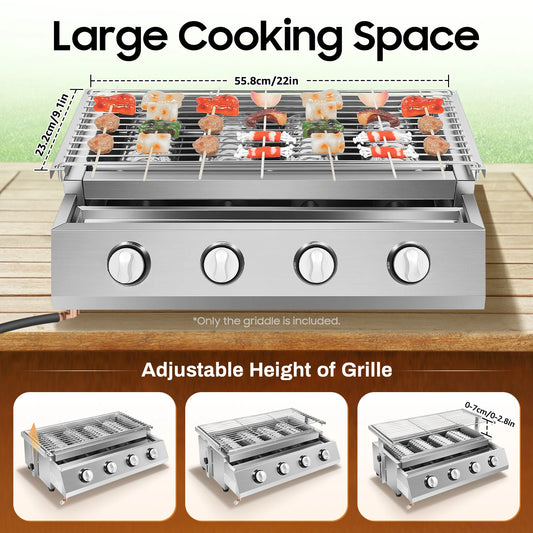 4 Burners BBQ Propane Gas Grill Stainless Steel Smokeless Barbecue Grill Portable BBQ Grill Removable for Outdoor Patio Garden
