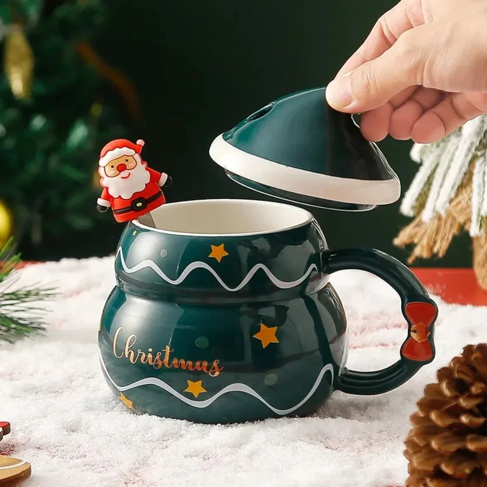 Cute Ceramic Christmas Mug with Lid Spoon Coffee Cup