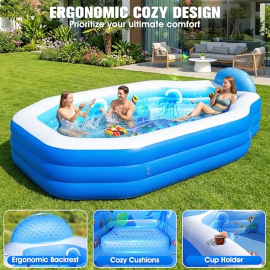 Backyard inflatable pool for kids and adults, PVC blue ocean-themed, oversized thickened 118x75x22, includes canopy for Sun shade protection