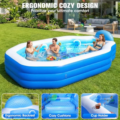 Backyard inflatable pool for kids and adults, PVC blue ocean-themed, oversized thickened 118x75x22, includes canopy for Sun shade protection