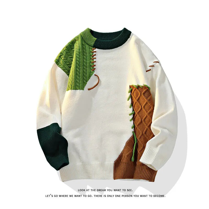 2025 Fall Winter Warm Men Sweaters, Korean Style with Patchwork Pullovers Round Neck Knitted Sweater