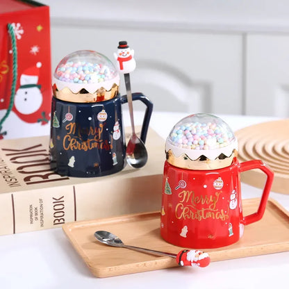 Christmas Mugs with lid and Santa Claus spoon Ceramic Cup for Home or Office.