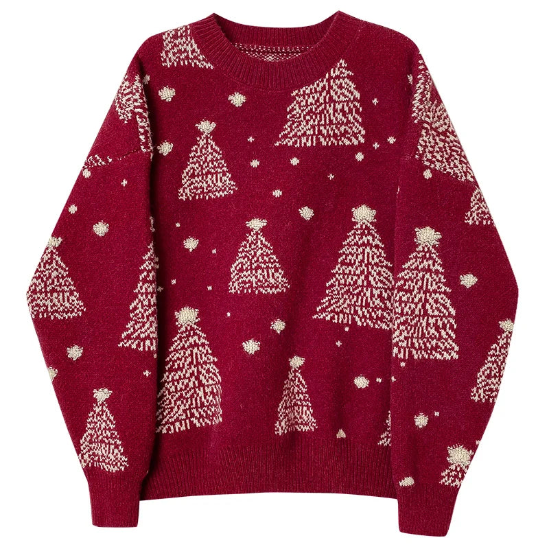Women's Christmas Red Pullover Sweater Round Neck. Knit Casual Lazy Style New Year Top Contrast. Christmas Tree Autumn Winter 2025