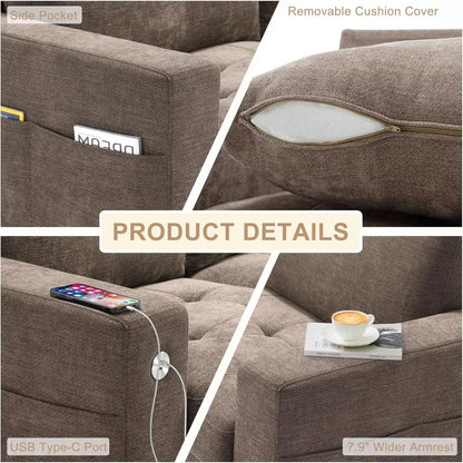 89" Modern Sofa Couch for Living Room, Chenille 3-Seater Couch with Thick Cushions, USB/Type-C Port, Removable Cover