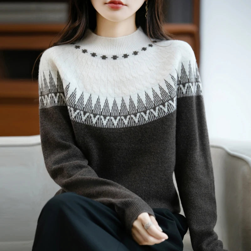 Autumn/Winter New Half High Neck Sweater 100% Wool Knitted Vintage Look. Loose Fit Christmas Red Sweaters Chic Streetwear for Women