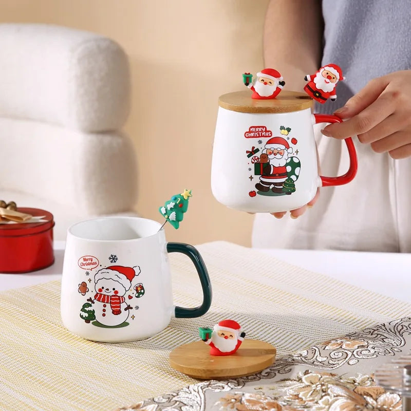 Christmas Themed Santa Reindeer Ceramic Coffee Mug with Lid and Spoon Perfect Holiday Gift