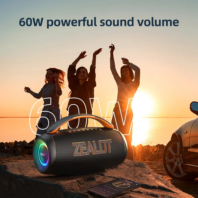 ZEALOT-P12 Speaker 60W Portable Bluetooth Speaker with IPX6 Waterproof, Comfortable handle, Controllable lighting, TF, USB