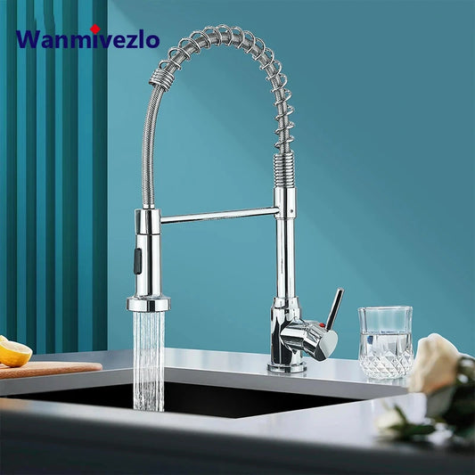 Spring Pull Down Kitchen Faucets Stream Spray Head with Hot & Cold Water