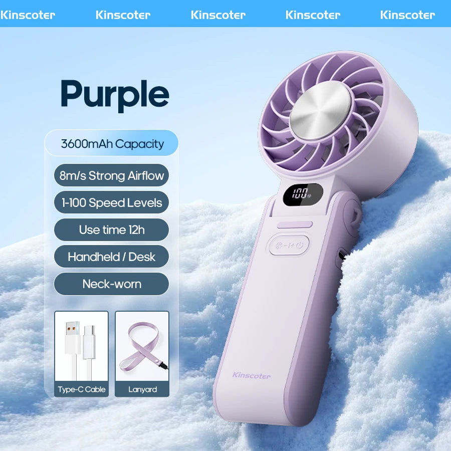 KINSCOTER Outdoor Foldable Portable Handheld Mini Cooling Fan. Rechargeable 3600mAh 100-level Free Control High Speed Turbo Fan