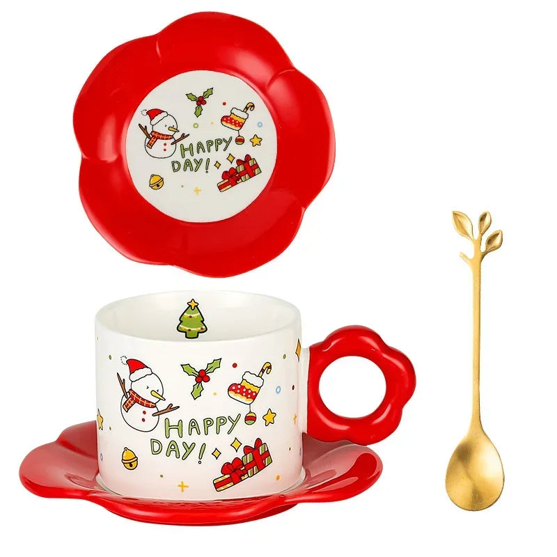 Ceramic Cup Saucer Set with Spoon Christmas Themed Coffee Cup, Perfect for Gift & Present